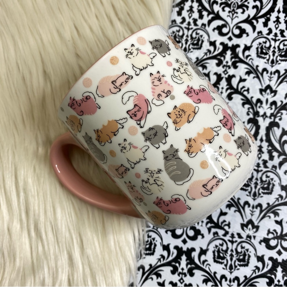 10 strawberry street : pink white and orange cat kitty print coffee tea mug cup - Picture 2 of 8